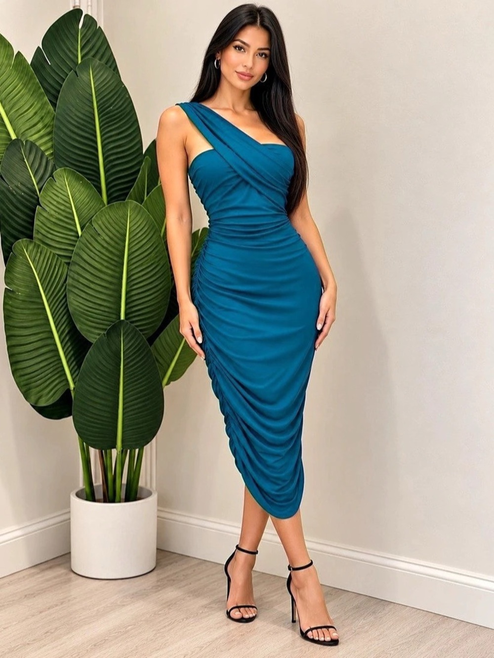 Teal One-Shoulder Ruched Midi Dress 💙